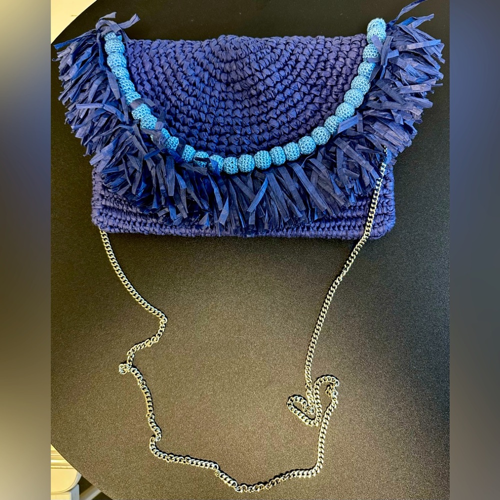 Chico's Vibrant Blue Woven Raffia SilverChain  Crossbody, shoulder Clutch Purse